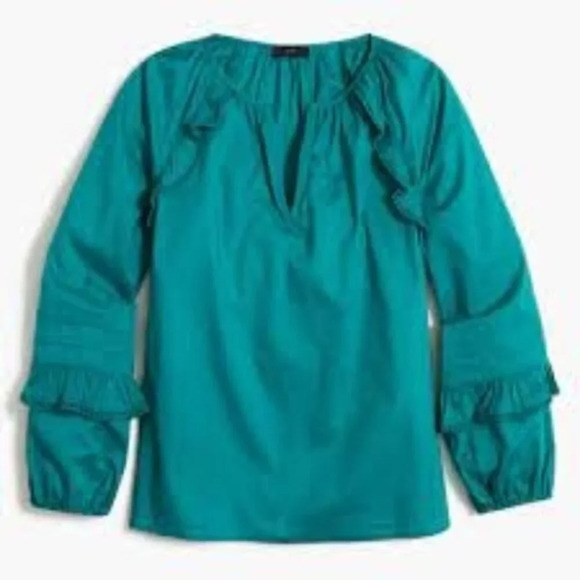 J. Crew Ruffle Trim Peasant Top Green Cotton XS - Picture 1 of 5
